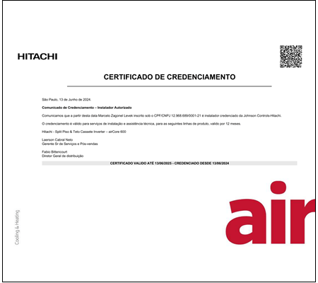 Certificado Credenciamento Hitachi cassete e piso teto inverter