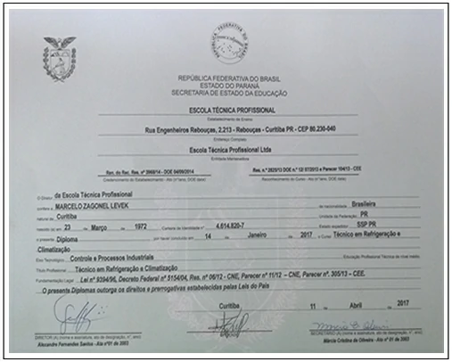 Certificado Curso Técnico de Ar Condicionado e Refrigeração